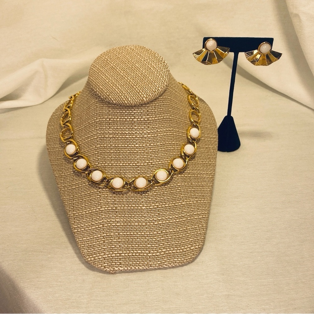 Vintage Napier Gold White Cabochon Necklace & Earrings Set
